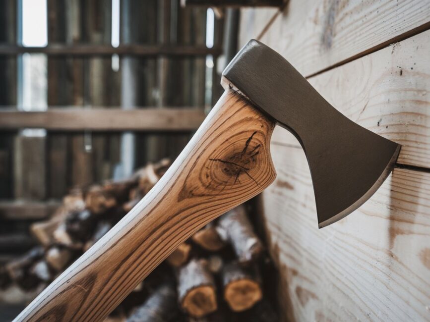 Siekiera z drewnianym uchwytem na rustykalnym tle